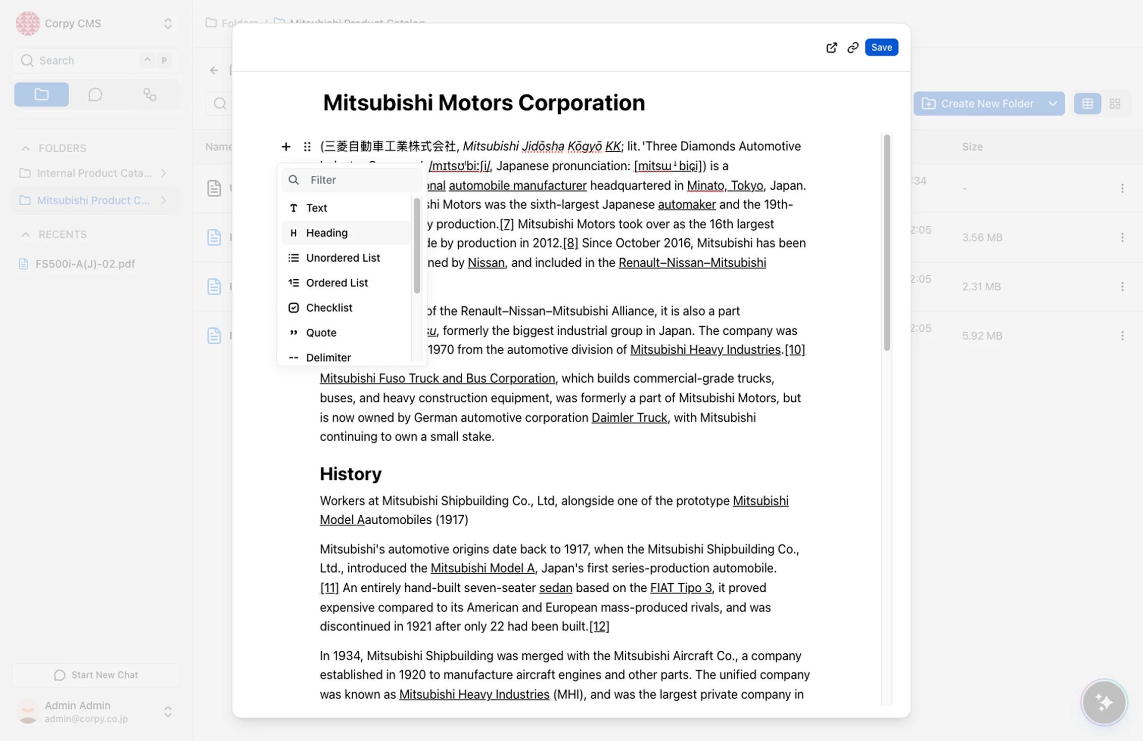 Block-based page editor with headings, lists, and rich text blocks