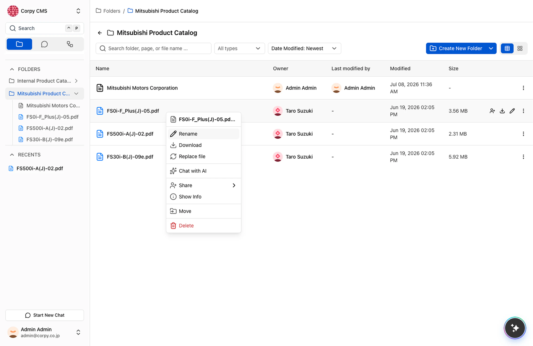 Confide Content file manager — folders of documents with owners, modification history, and per-file actions including Chat with AI