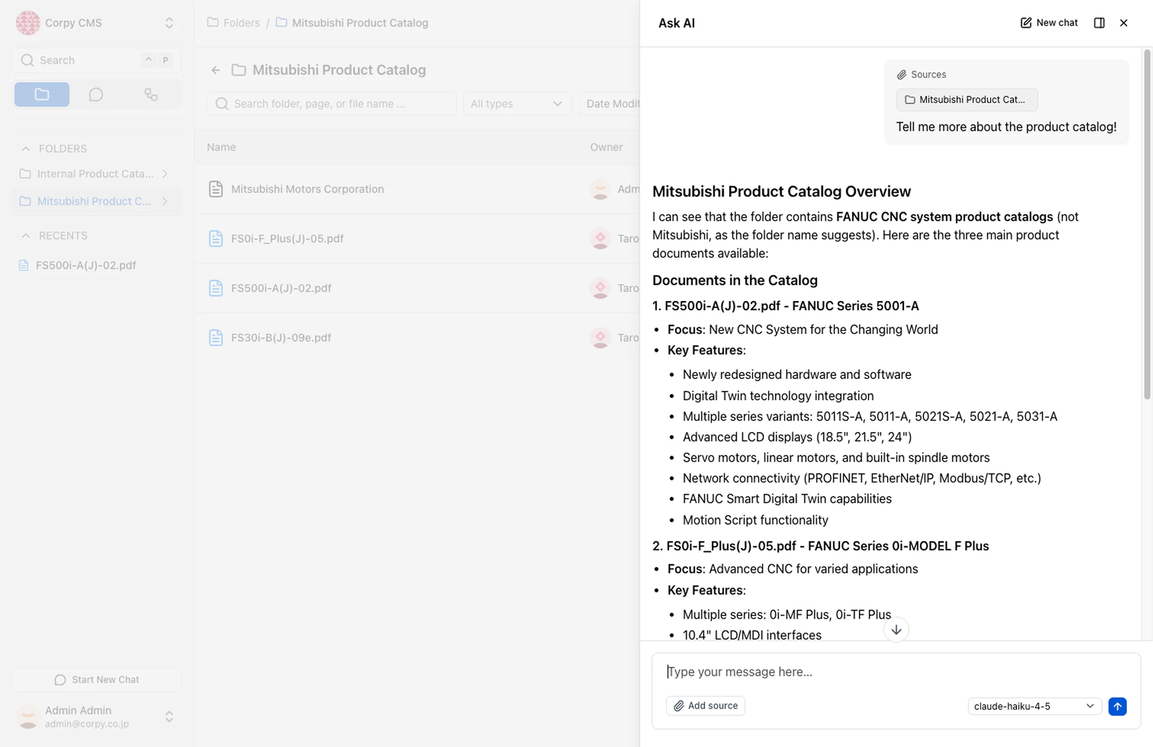 Ask AI panel answering questions about a folder of product catalogs, with sources attached