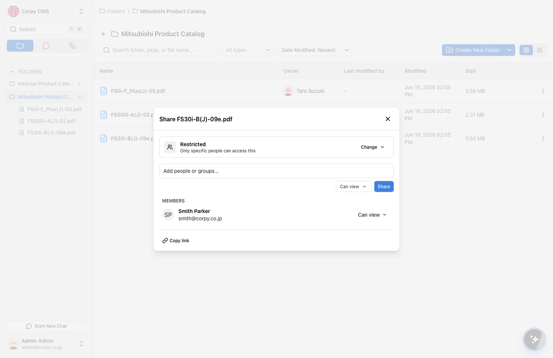 Share dialog with restricted access, member roles, and link copying