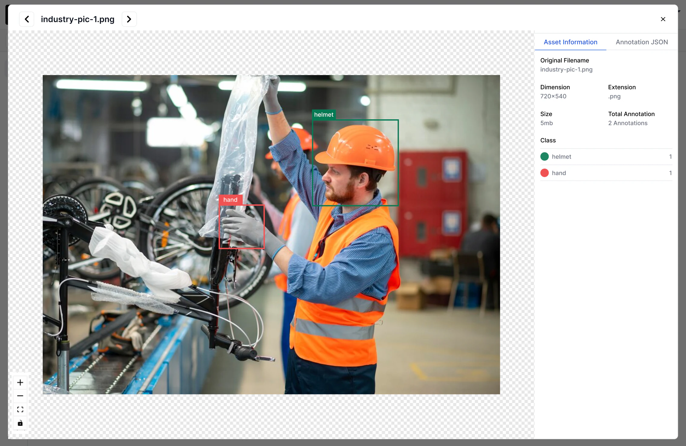 Asset viewer showing annotations, class counts, and the raw annotation JSON