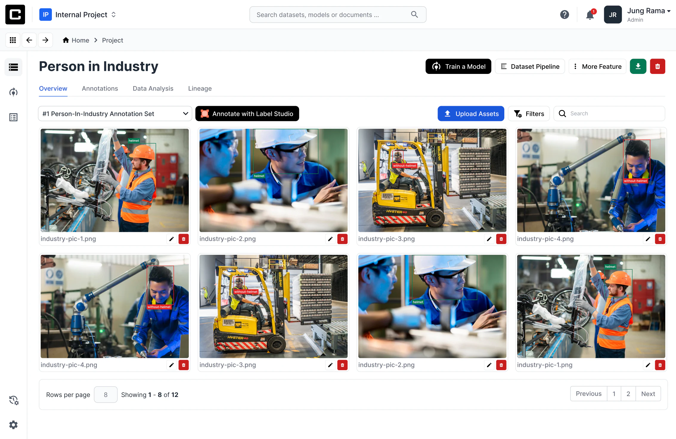 Confide dataset management — an annotated image dataset with upload, filters, and Label Studio integration