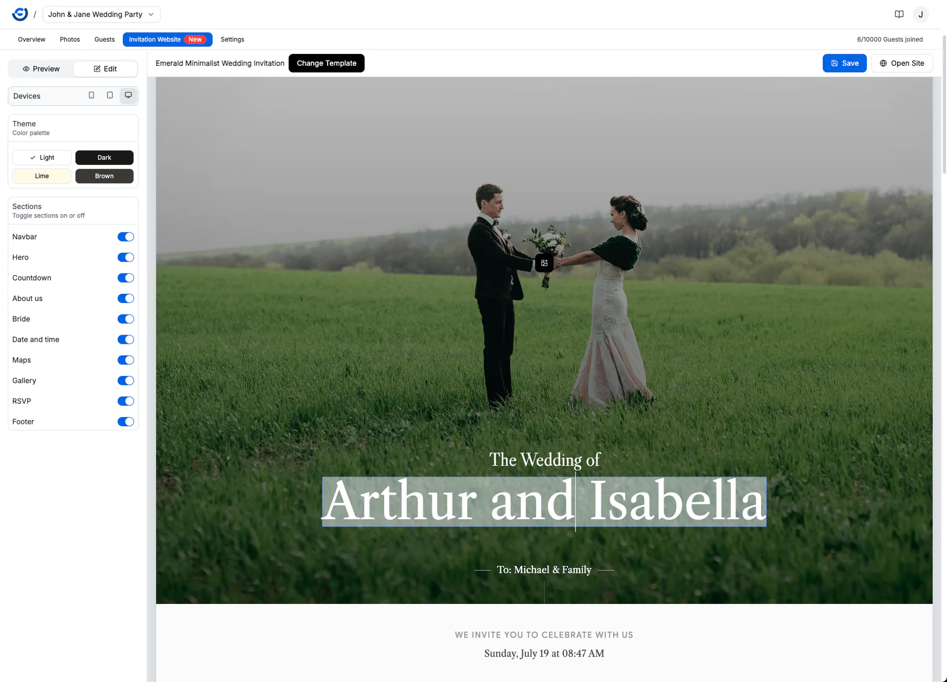 Drag-and-drop invitation website builder in Galleryou